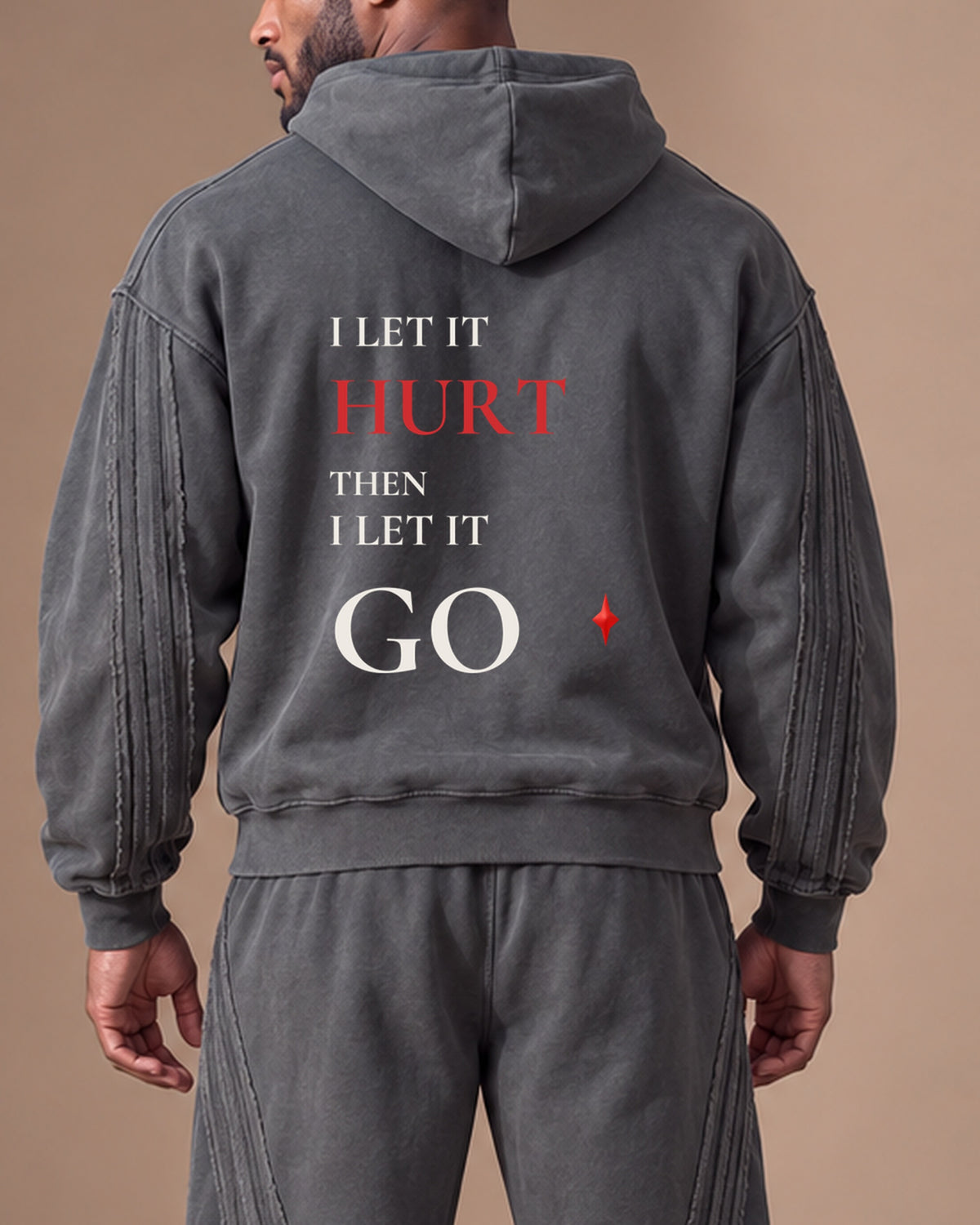 TLOL Release Dark Gray zip hoodie matching outfit, detail view. Hoodie and pants sold separately.