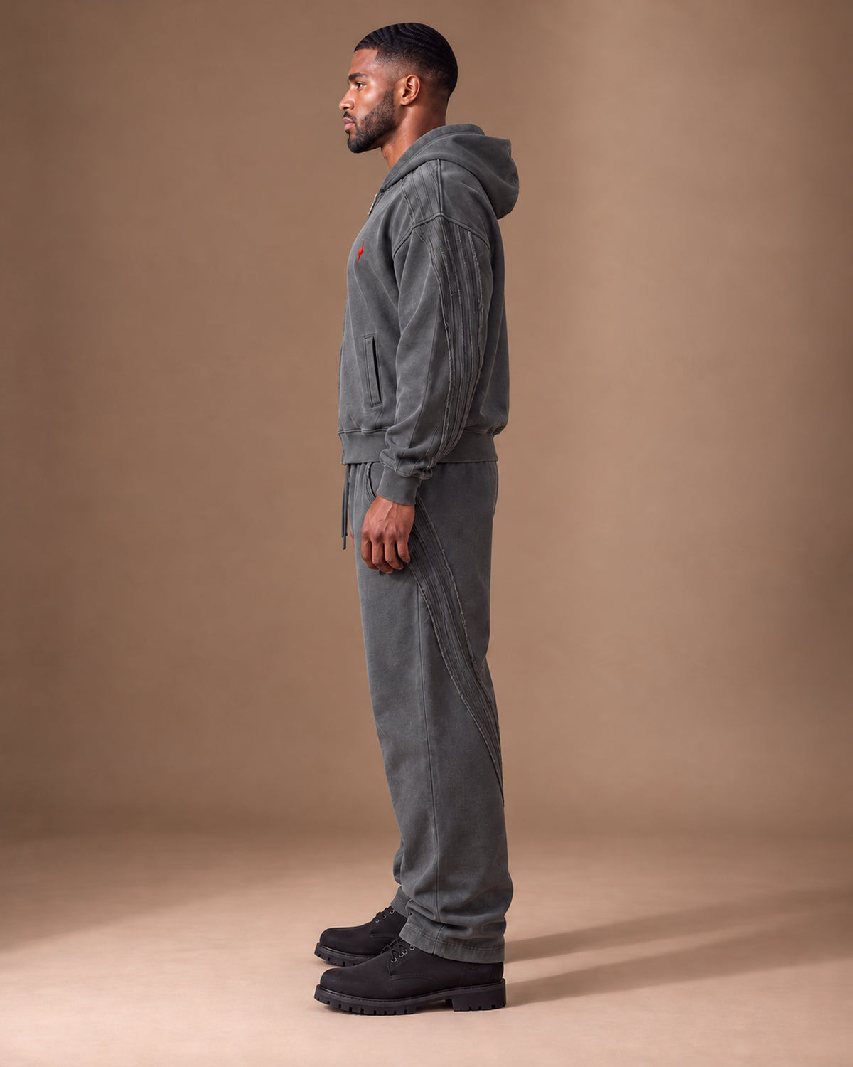 TLOL Release Dark Gray zip hoodie matching outfit, left view. Hoodie and pants sold separately.