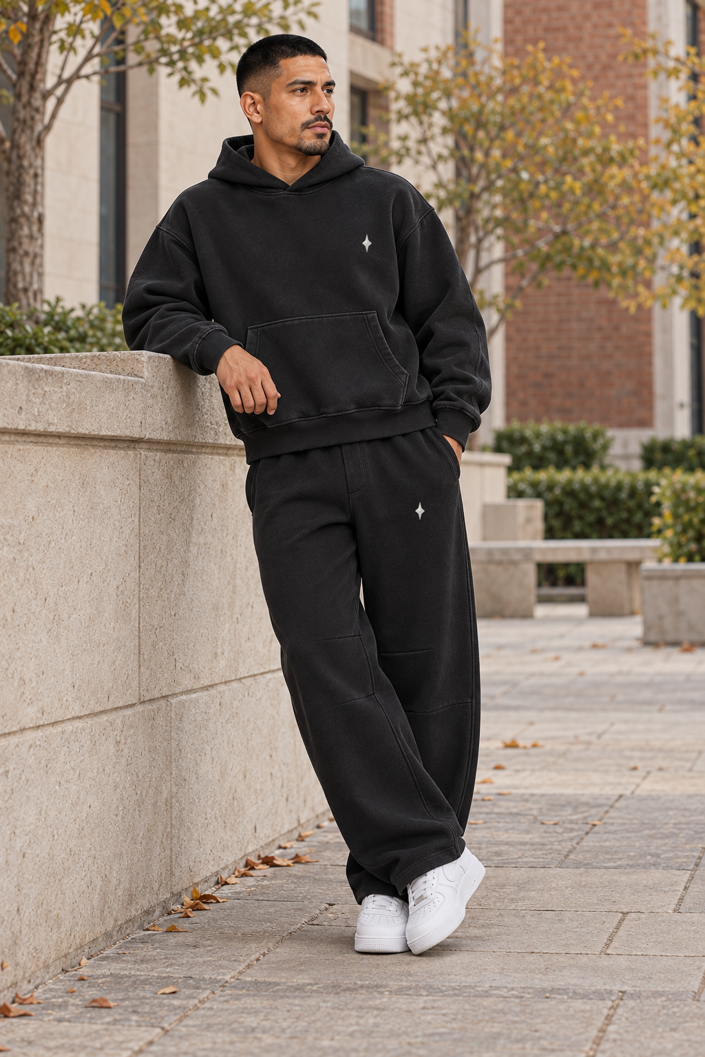 Black Shared Orbit — lifestyle on-body styling; hoodie and pants sold separately