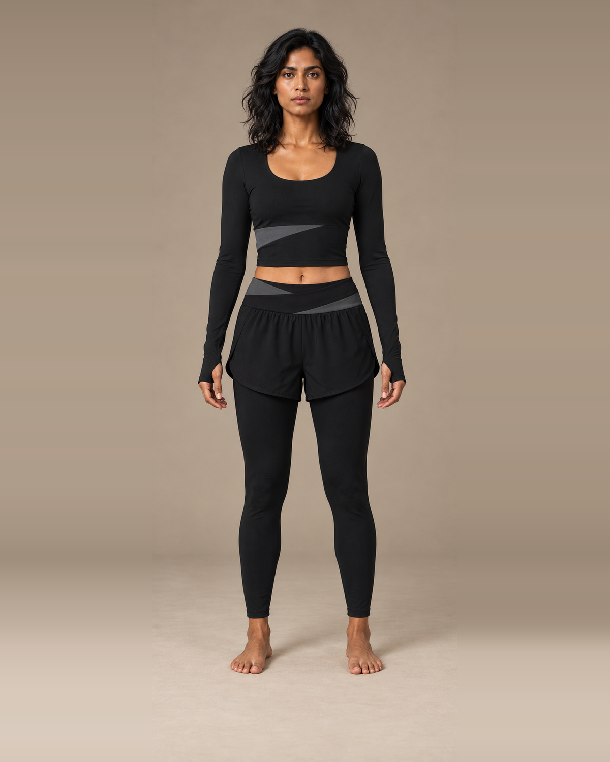 TLOL Paneled Long-Sleeve Yoga Tee - Black with Dark Gray, front view