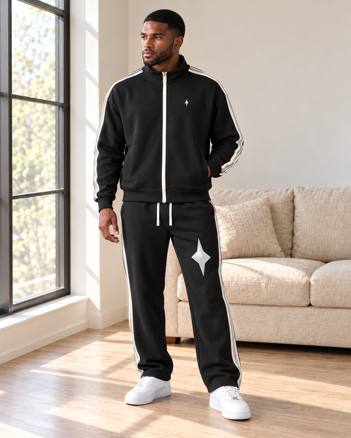 TLOL Contrast Stripe matching set, Black, standing lifestyle view