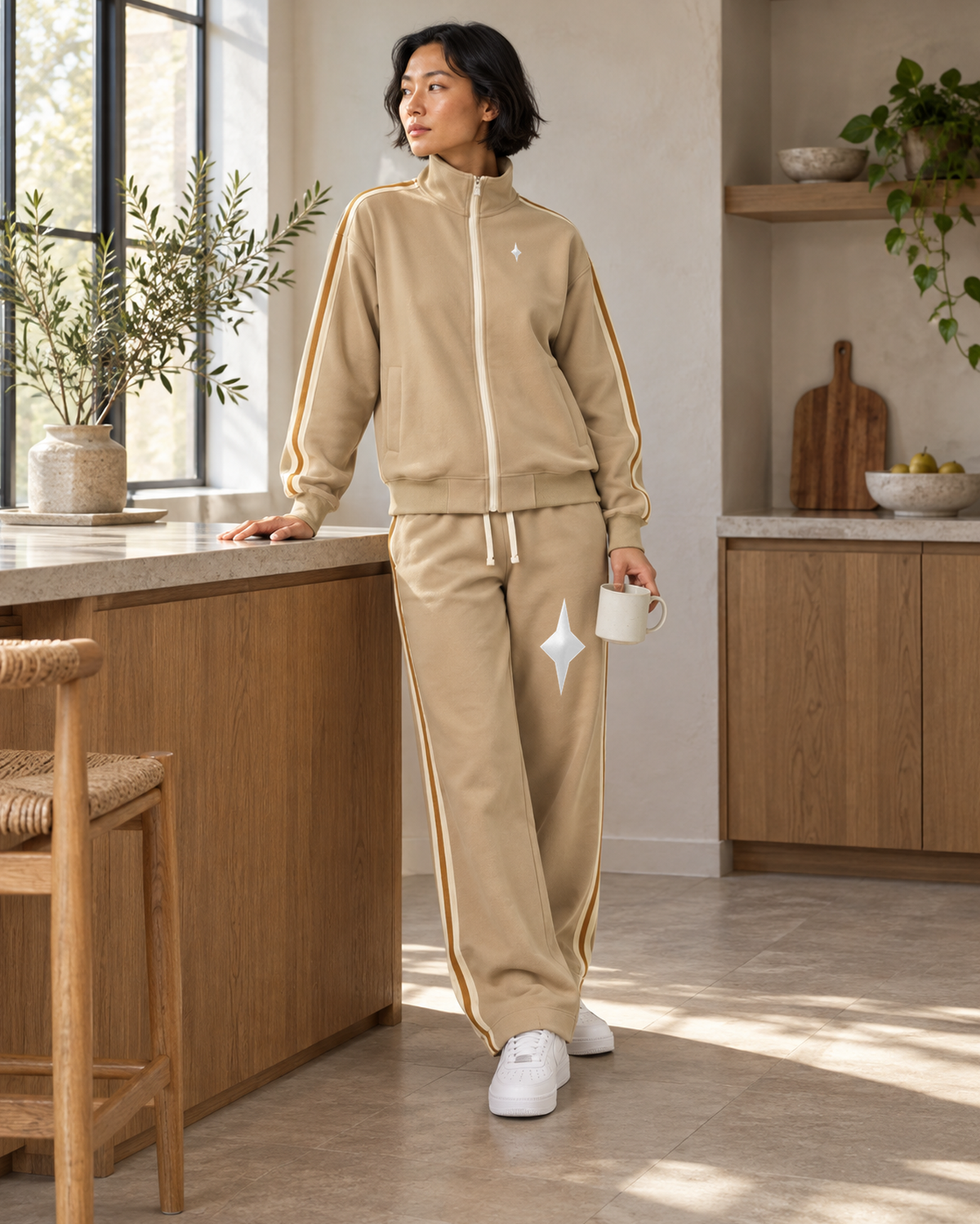 TLOL Contrast Stripe matching set, Khaki, standing lifestyle view