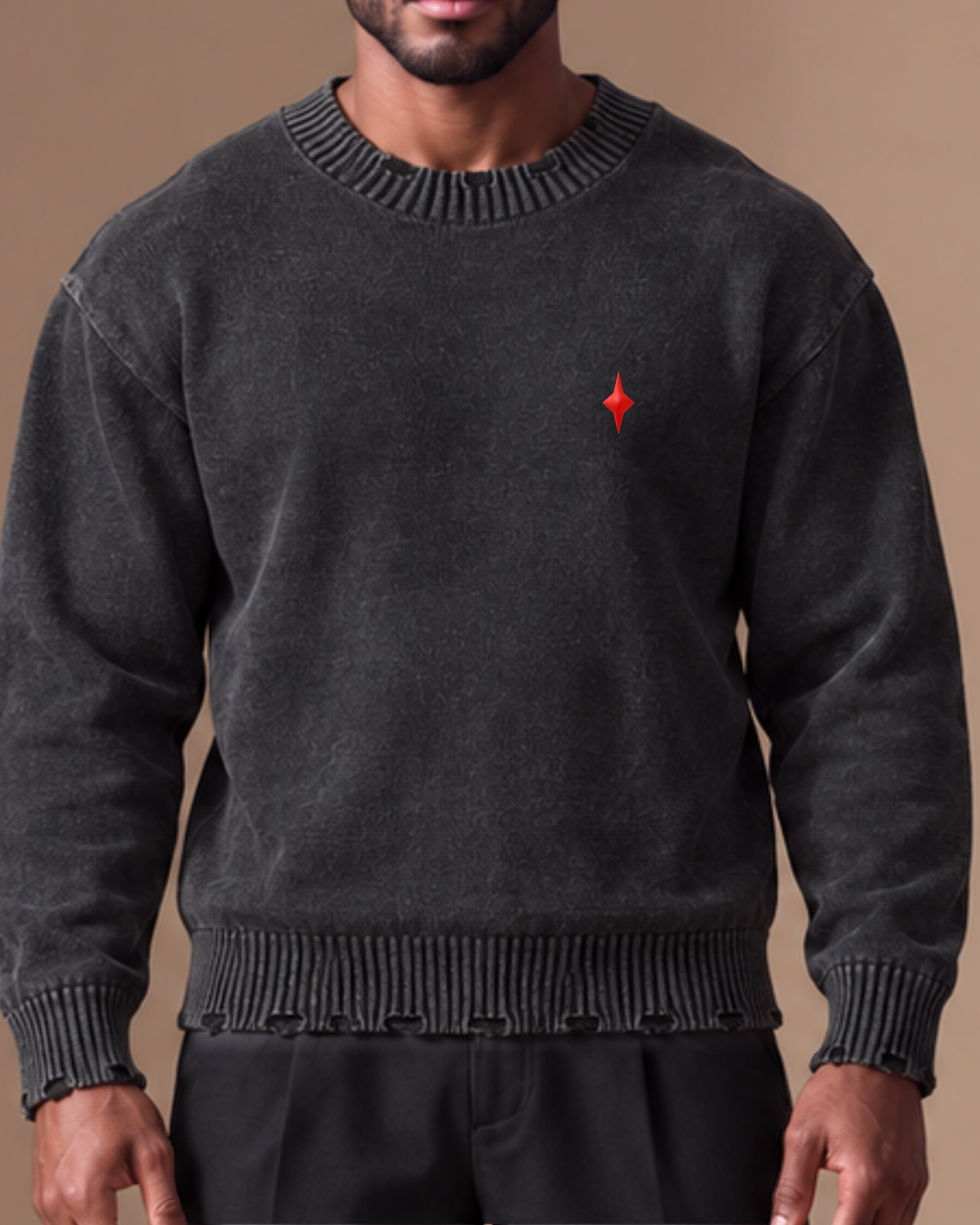 TLOL red chest icon on Black frayed sweater, model close-up