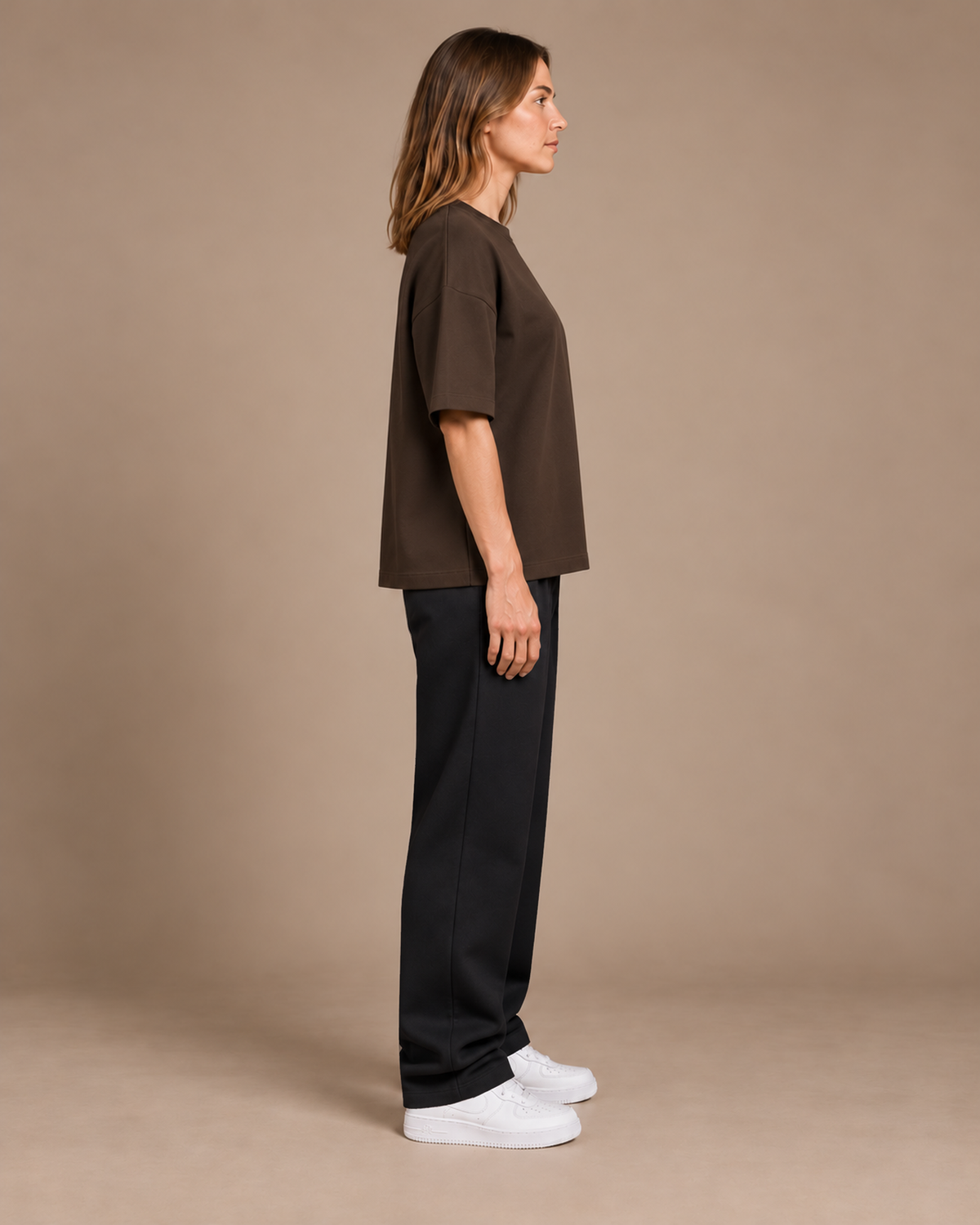 TLOL Lightwell oversized tee in Coffee, right-facing side view on a model.