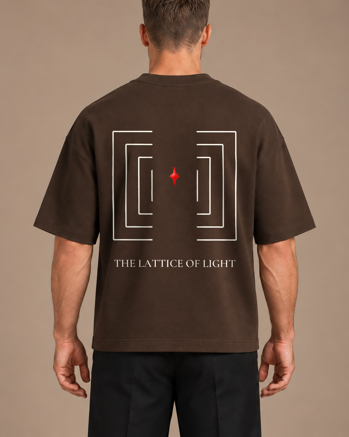 TLOL Lightwell oversized tee in Coffee, close-up of the back artwork on a model.