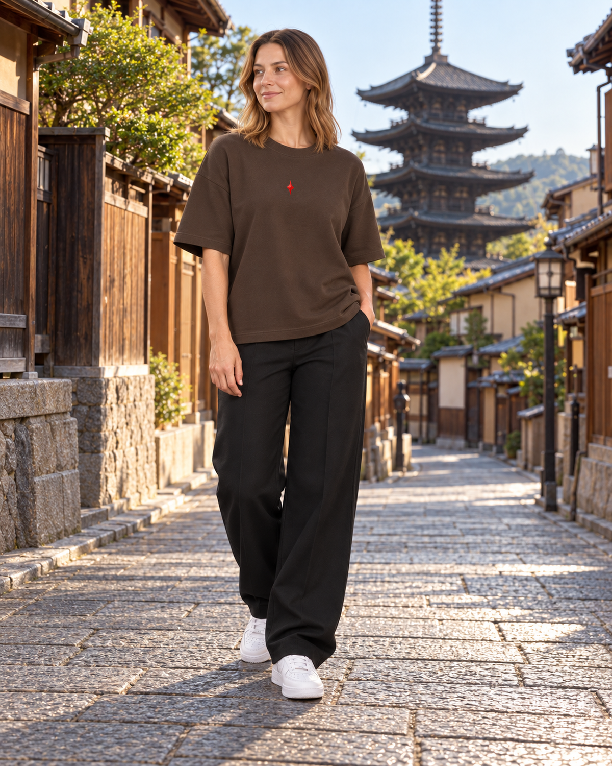TLOL Lightwell oversized tee in Coffee, model styled with black trousers in a Kyoto-inspired scene.