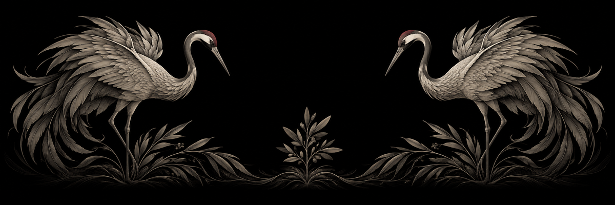 Two cranes and an olive sprout, an original TLOL motif for awareness, peace and growth