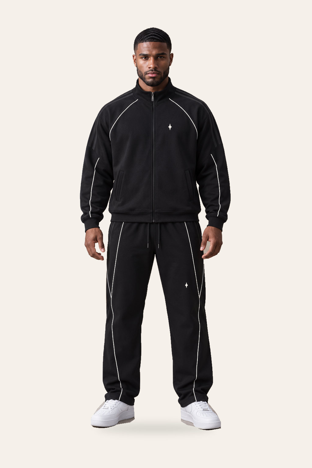 TLOL REFLECTION Black pants, front on light beige. Jacket and pants sold separately.