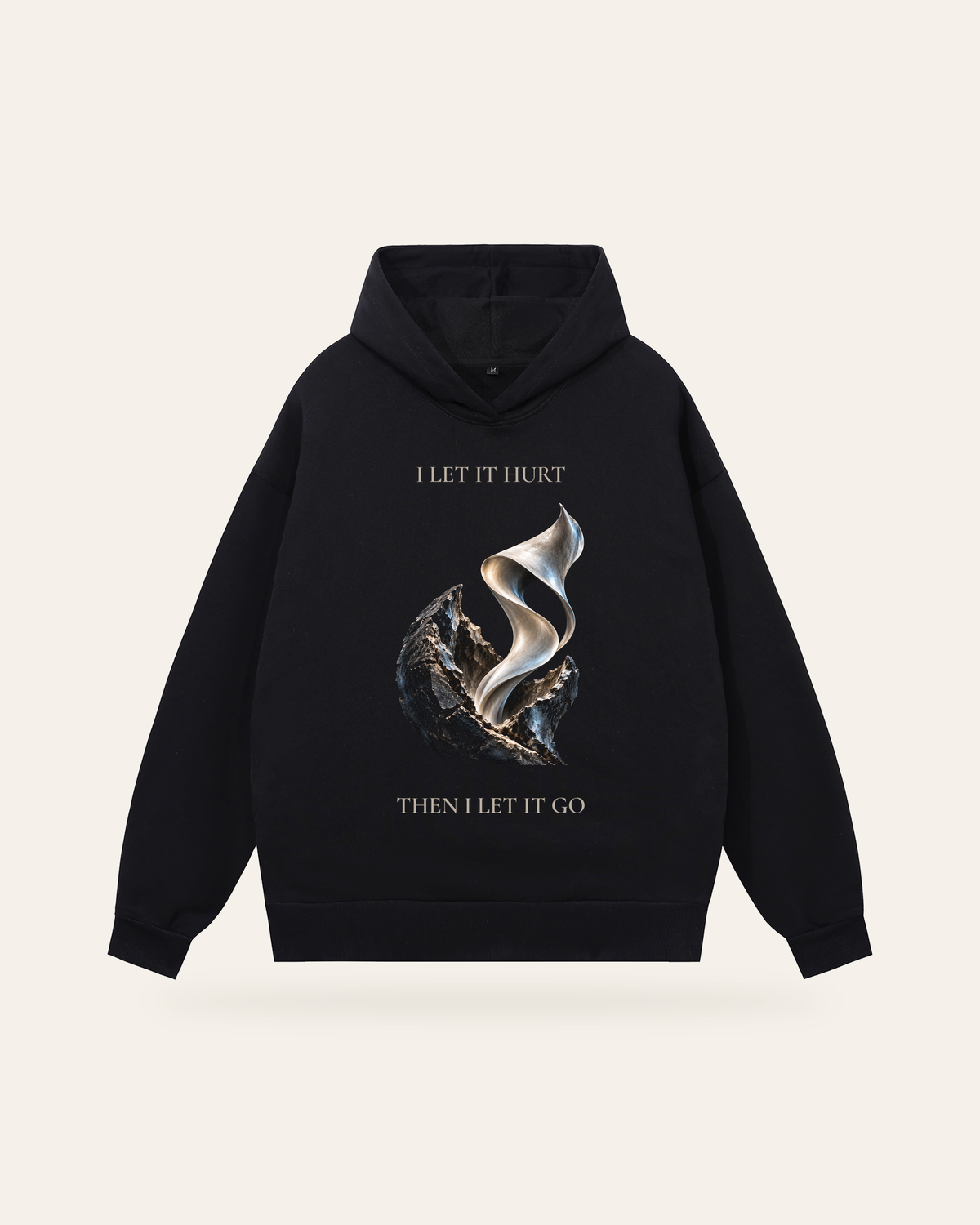TLOL RELEASE Black Beauty hoodie, garment-only front on a light beige studio background.