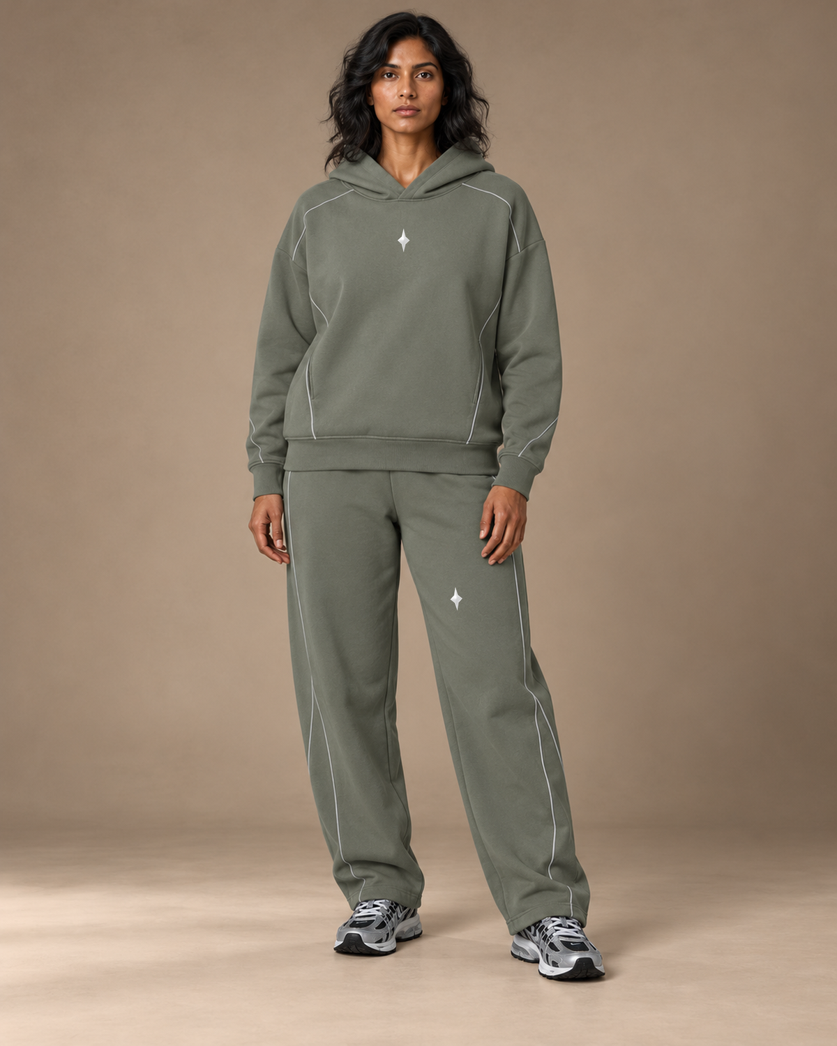 TLOL Still Point Medium Gray piped matching set, front view