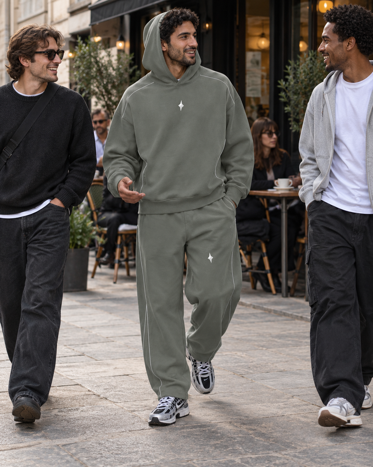 TLOL Still Point Medium Gray piped matching set, lifestyle view