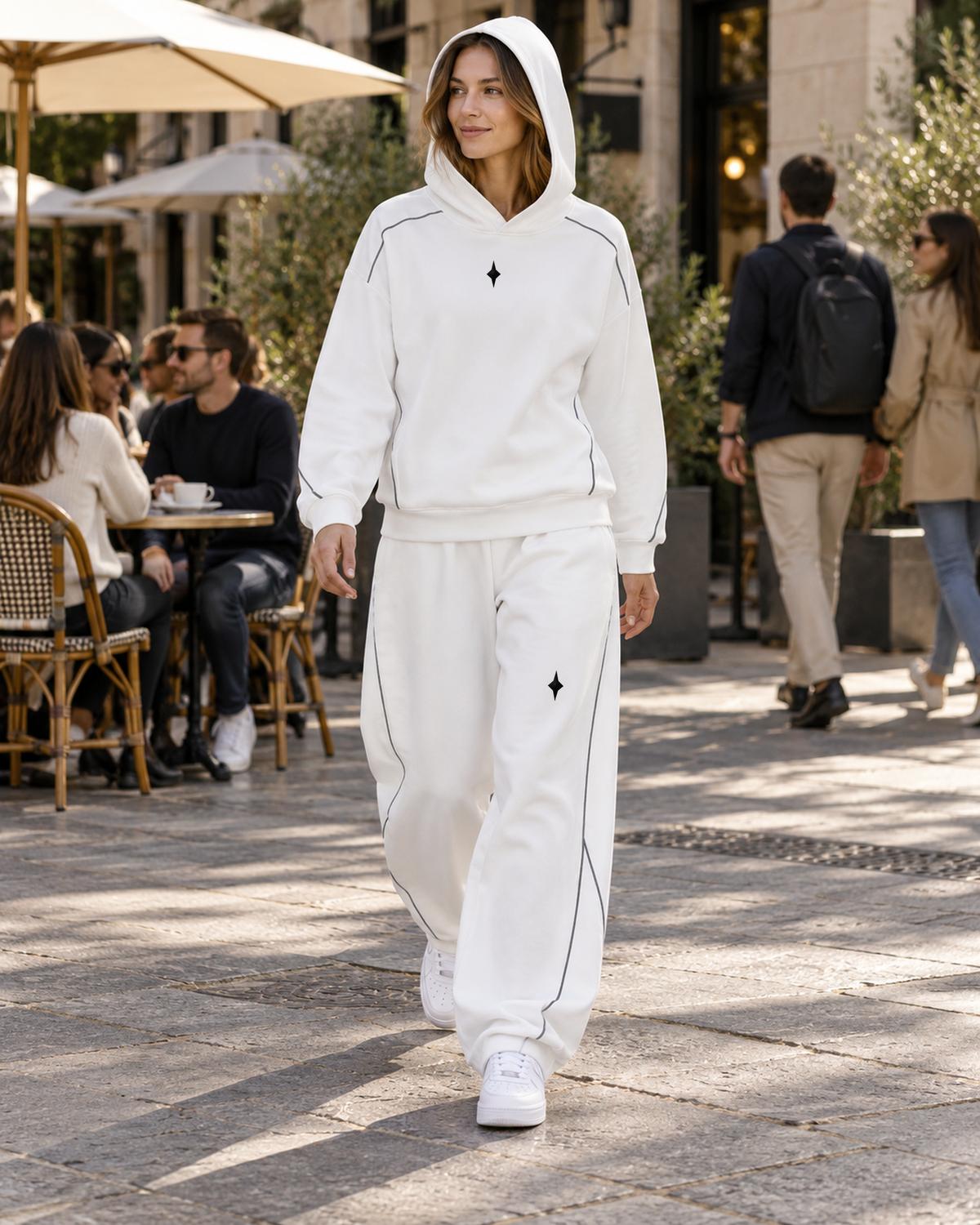 TLOL Still Point White piped matching set, lifestyle view