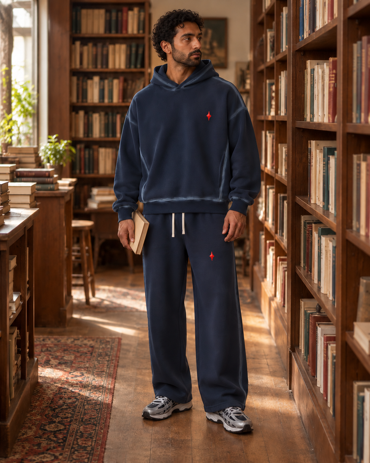 TLOL Sunfaded Edge Washed Blue matching set, bookshop lifestyle