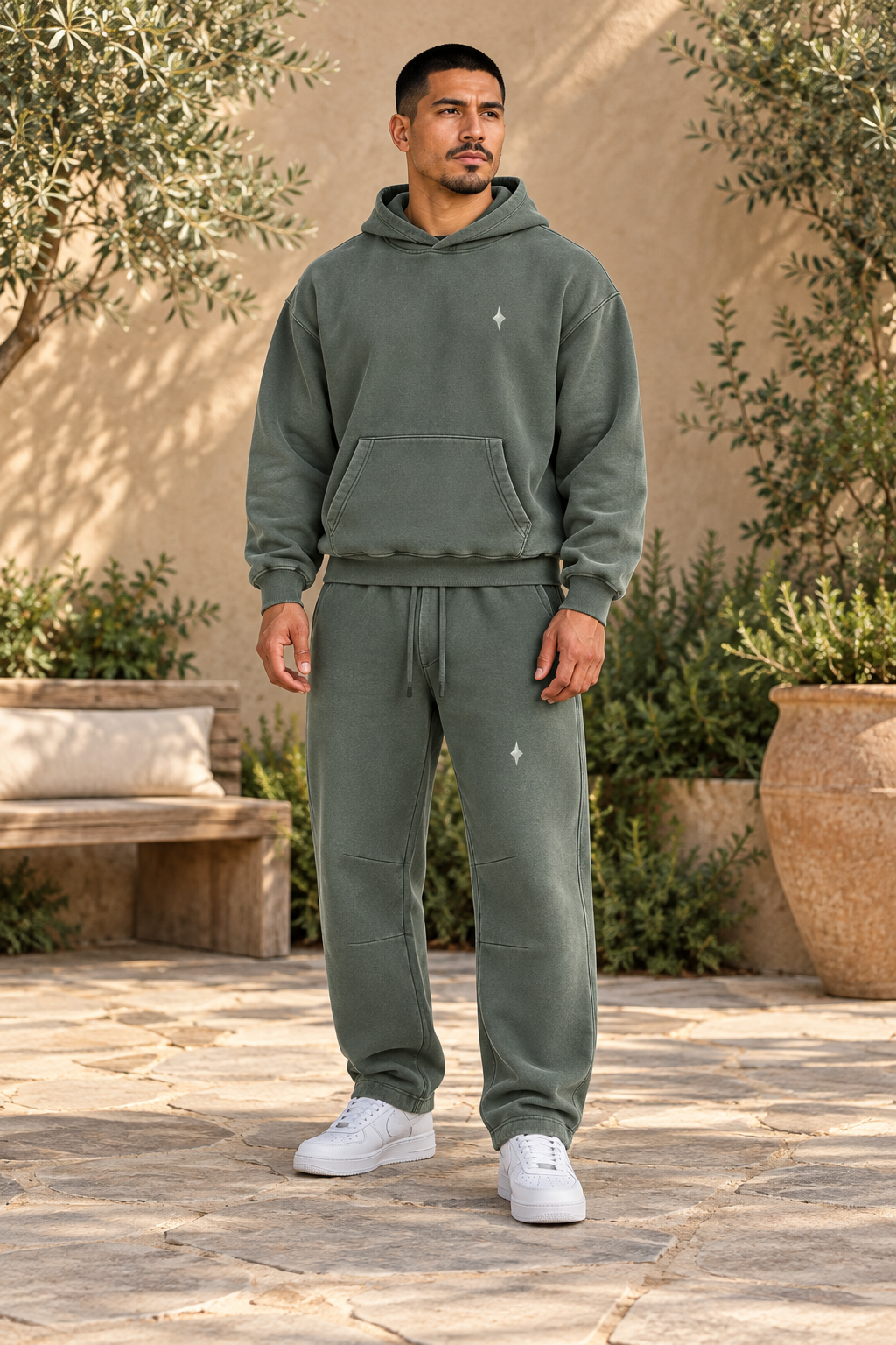 Washed Green Shared Orbit — lifestyle on-body styling; hoodie and pants sold separately