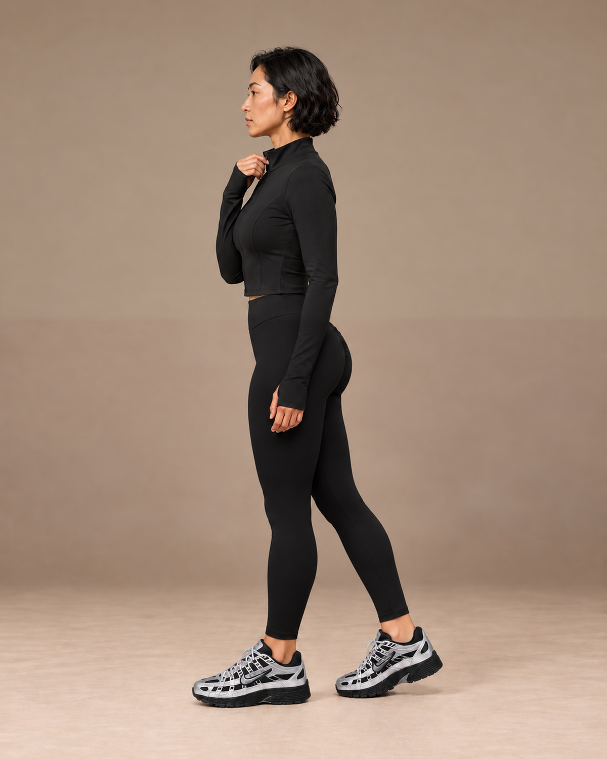 TLOL Black yoga jacket outfit mockup, left profile