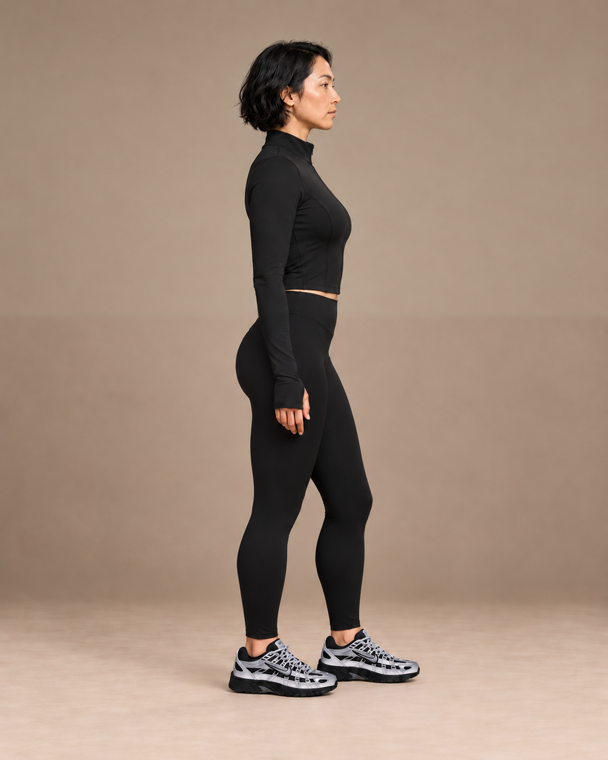 TLOL Black yoga jacket outfit mockup, right profile