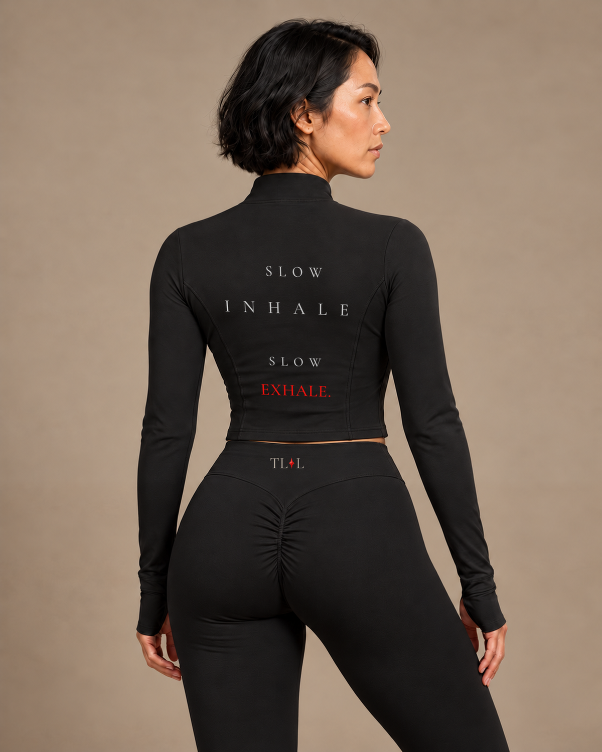 TLOL Black yoga jacket outfit mockup, detail