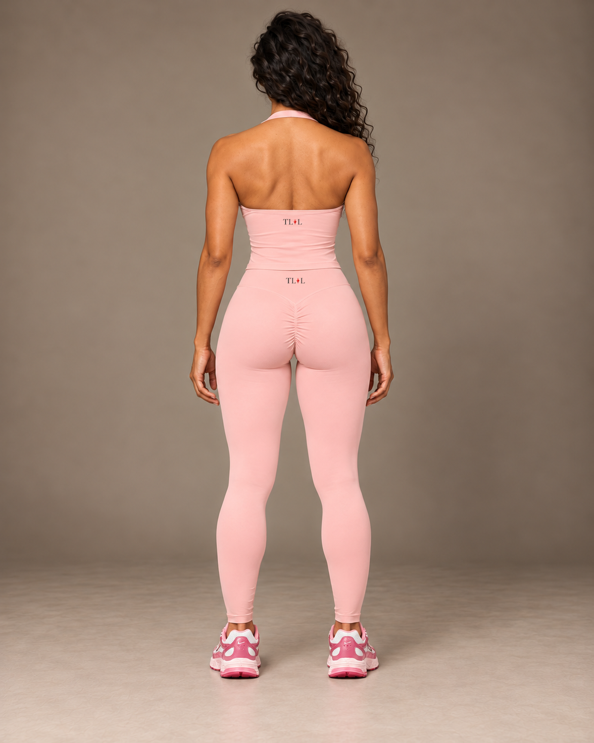 TLOL Pink yoga tank and leggings outfit mockup, back
