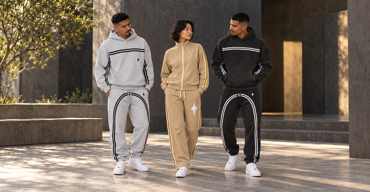 Three adults in complete TLOL Flower Gray and Black Threshold matching sets and Khaki Contrast Stripe matching set in a courtyard