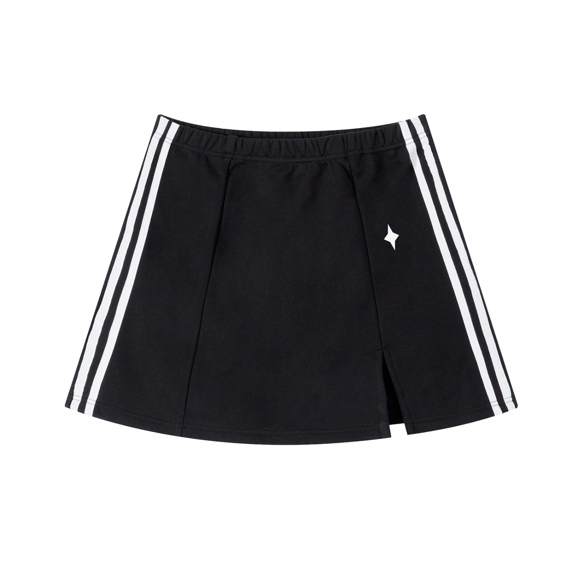 A black athletic skirt with white double stripes down the sides and a small white star logo on the left hip, shown against a plain white background.