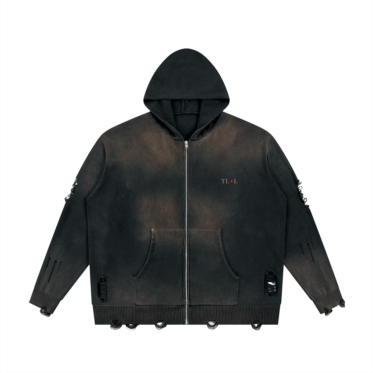 Unisex Distressed Full Zip Sweater