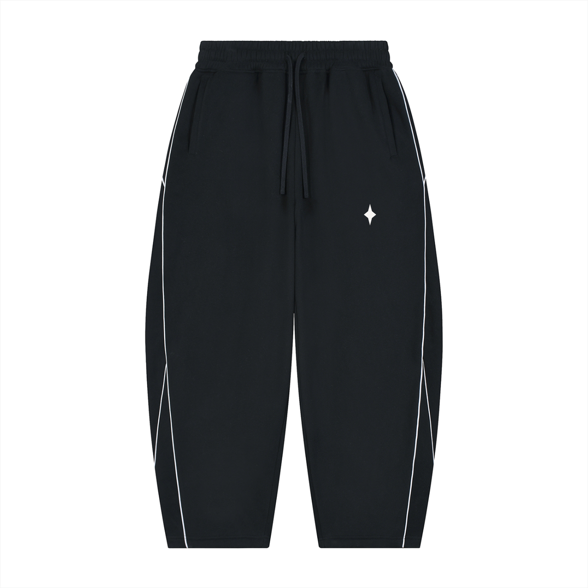 Black athletic jogger pants with white side piping and a small white star logo on the left thigh, shown against a plain white background.