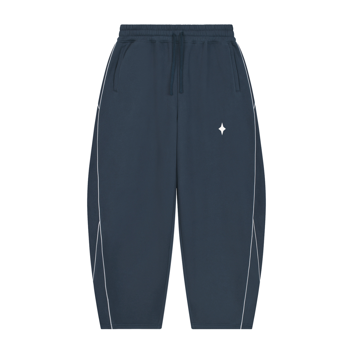 A pair of dark navy blue sweatpants with white side piping and a small white star logo on the left thigh, shown against a plain white background.