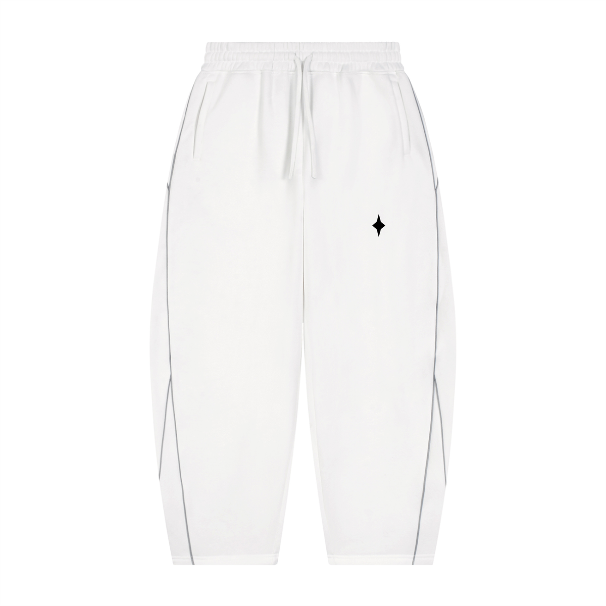 White sweatpants with a drawstring waist, side pockets, and thin dark piping details, featuring a small black geometric logo on the left thigh.