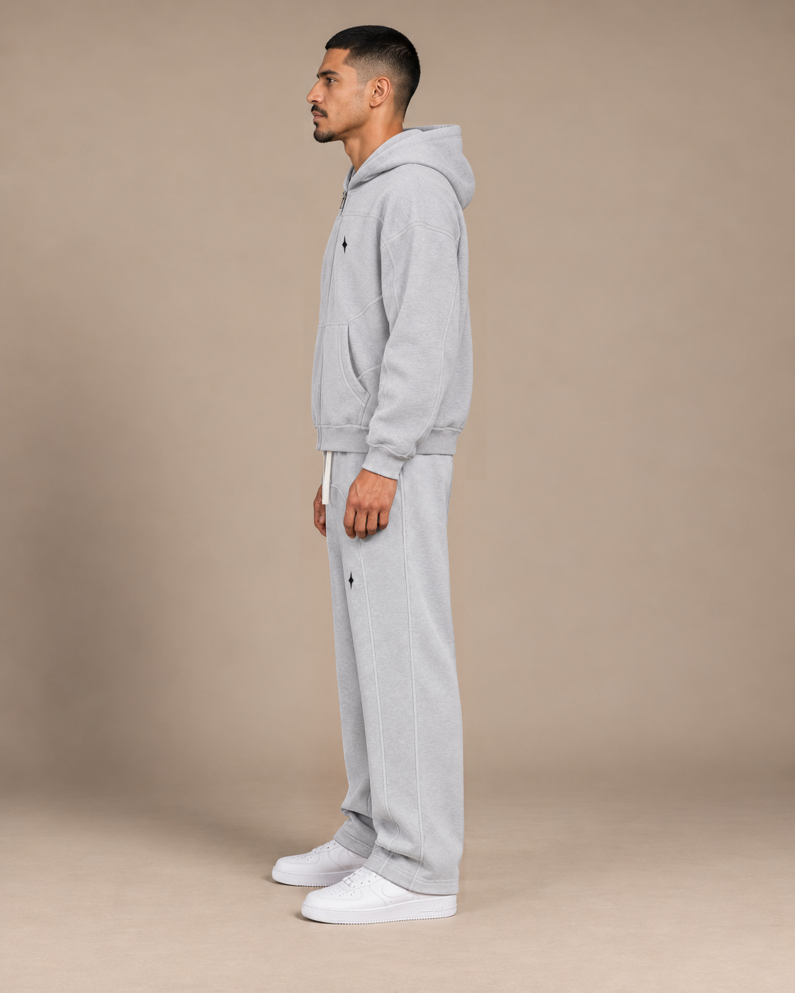 Flower Gray TLOL contrast-stitched fleece set studio left on-body #Color_flower gray