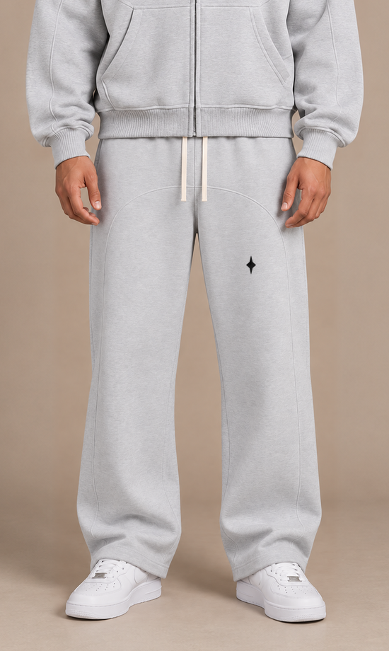 Flower Gray TLOL contrast-stitched fleece pants close on-body #Color_flower gray