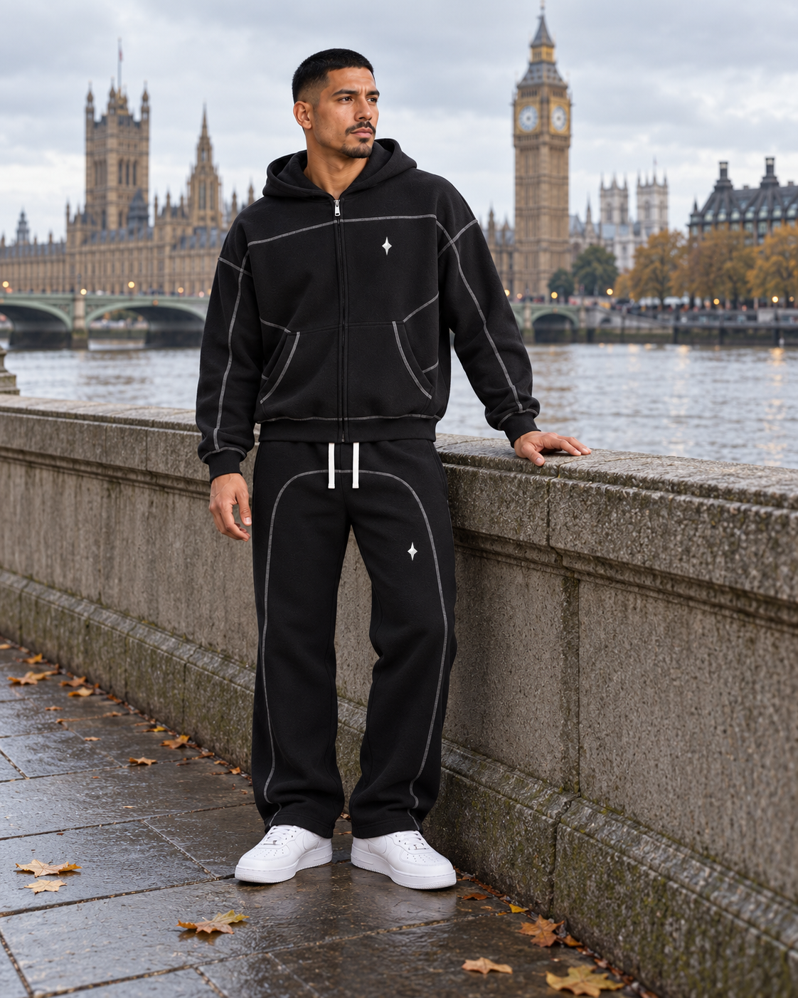 Black TLOL contrast-stitched fleece set lifestyle london #Color_black