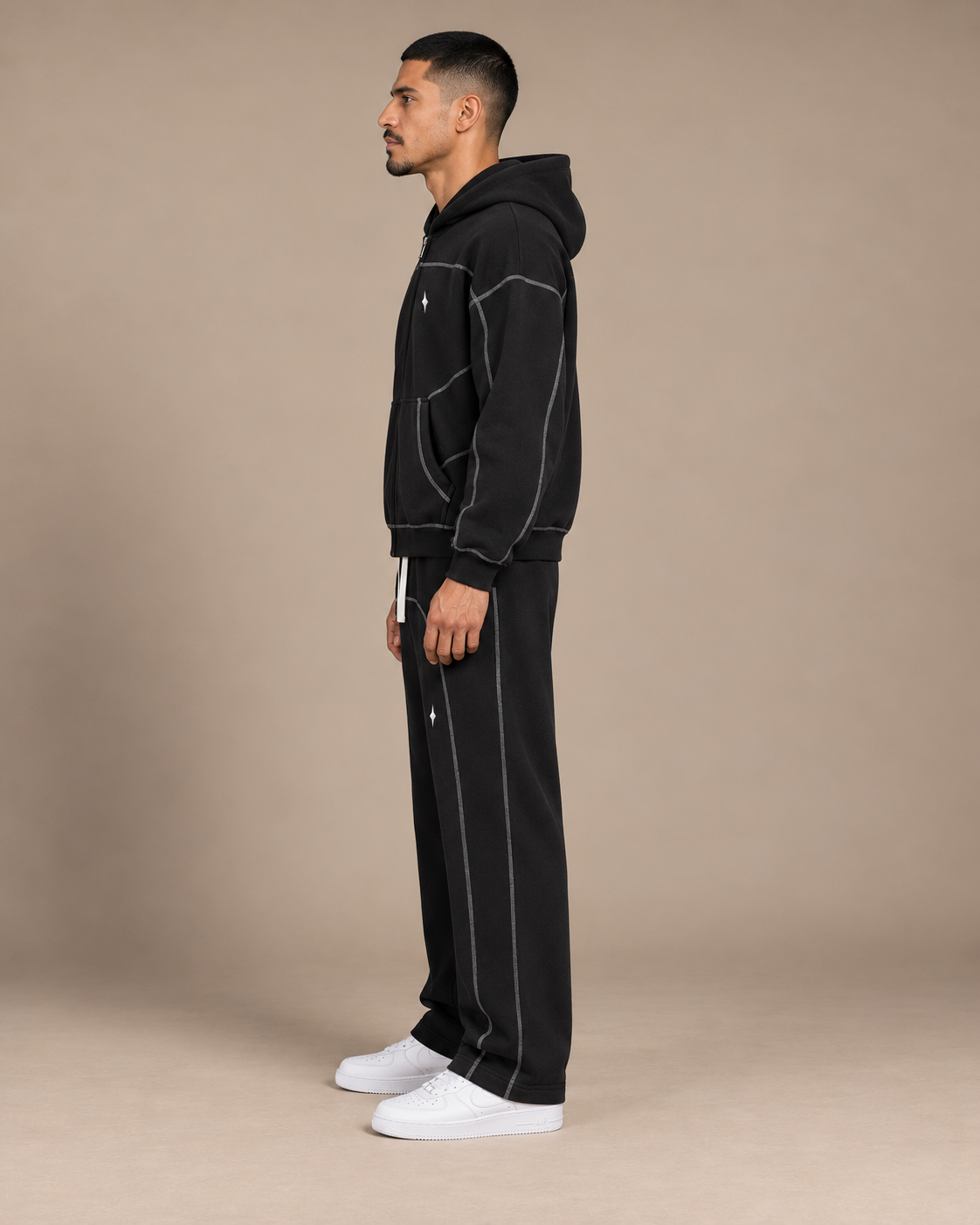 Black TLOL contrast-stitched fleece set studio left #Color_black