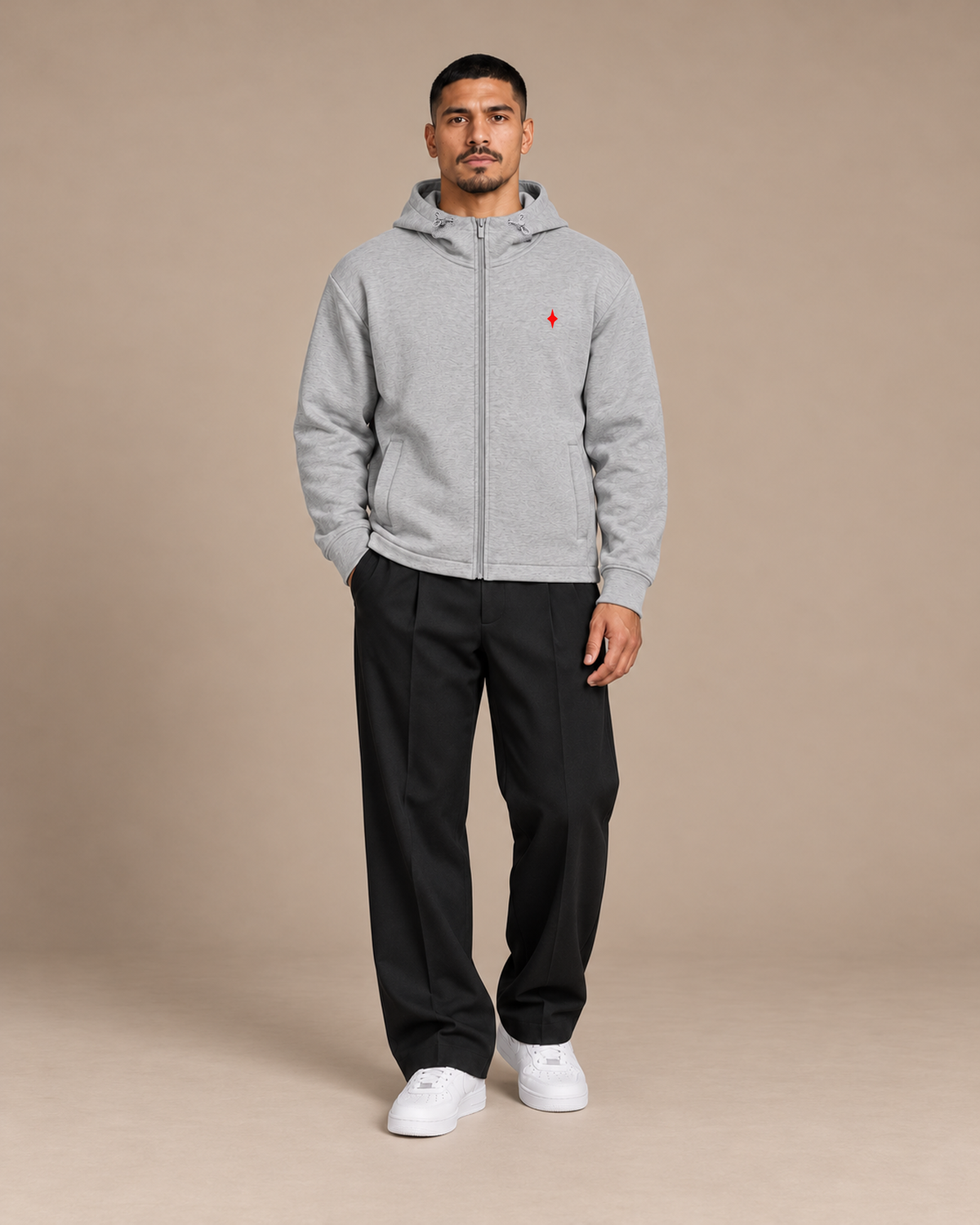 Model wearing the Flower Gray TLOL Icon Full-Zip Hoodie, front view.