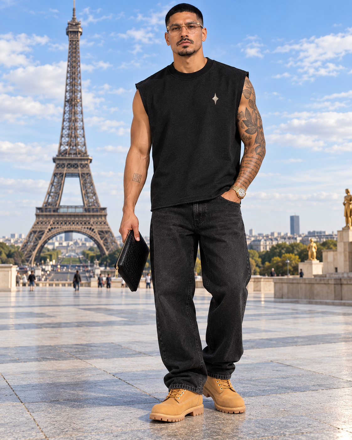 TLOL Gratitude French Terry Boxy Tank — Black — Eiffel Tower lifestyle front view