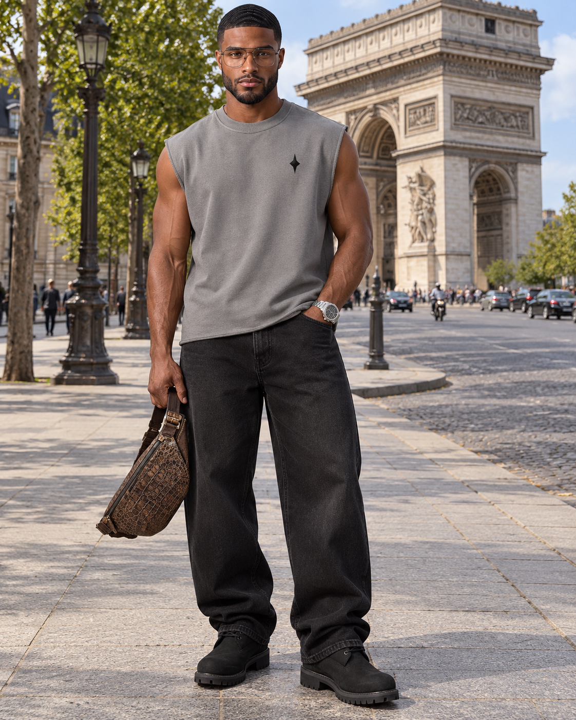 TLOL Gratitude French Terry Boxy Tank — Gray — Arc de Triomphe lifestyle front view
