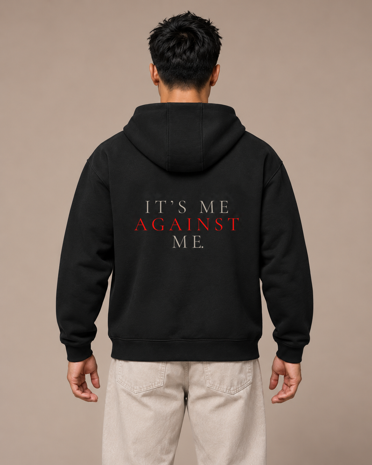 Model wearing the Black TLOL Me Against Me Full-Zip Hoodie, back view.