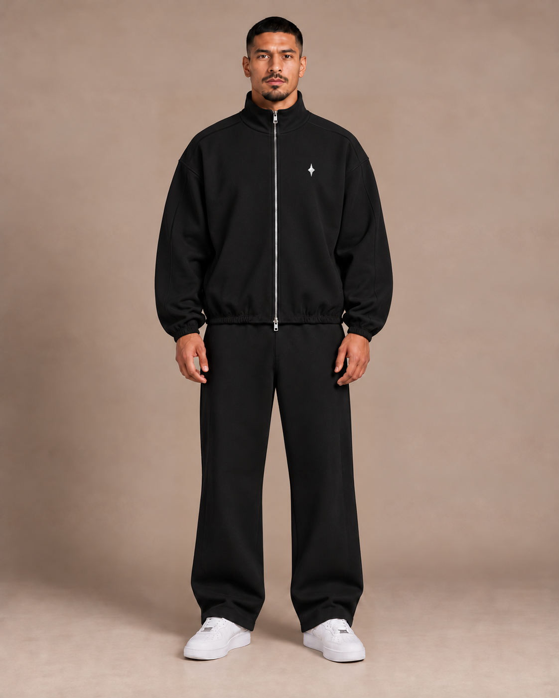 TLOL heavyweight stand-collar jacket in Black, model front #Color_black