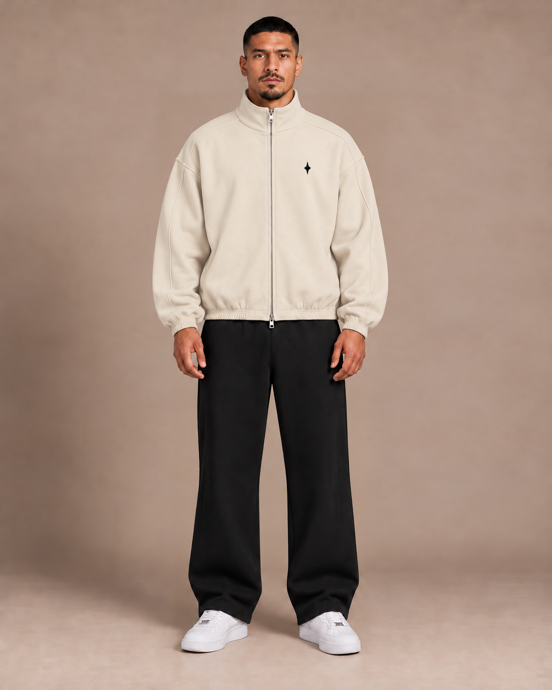 TLOL heavyweight stand-collar jacket in Mild Apricot, model front #Color_mild apricot