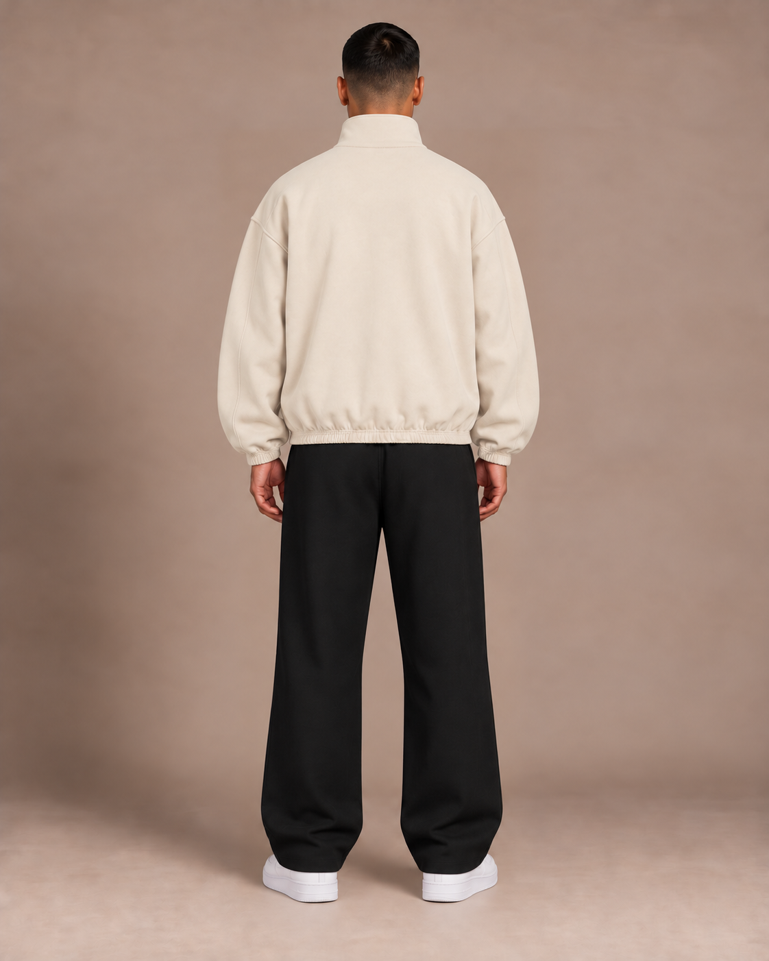 TLOL heavyweight stand-collar jacket in Mild Apricot, model back #Color_mild apricot