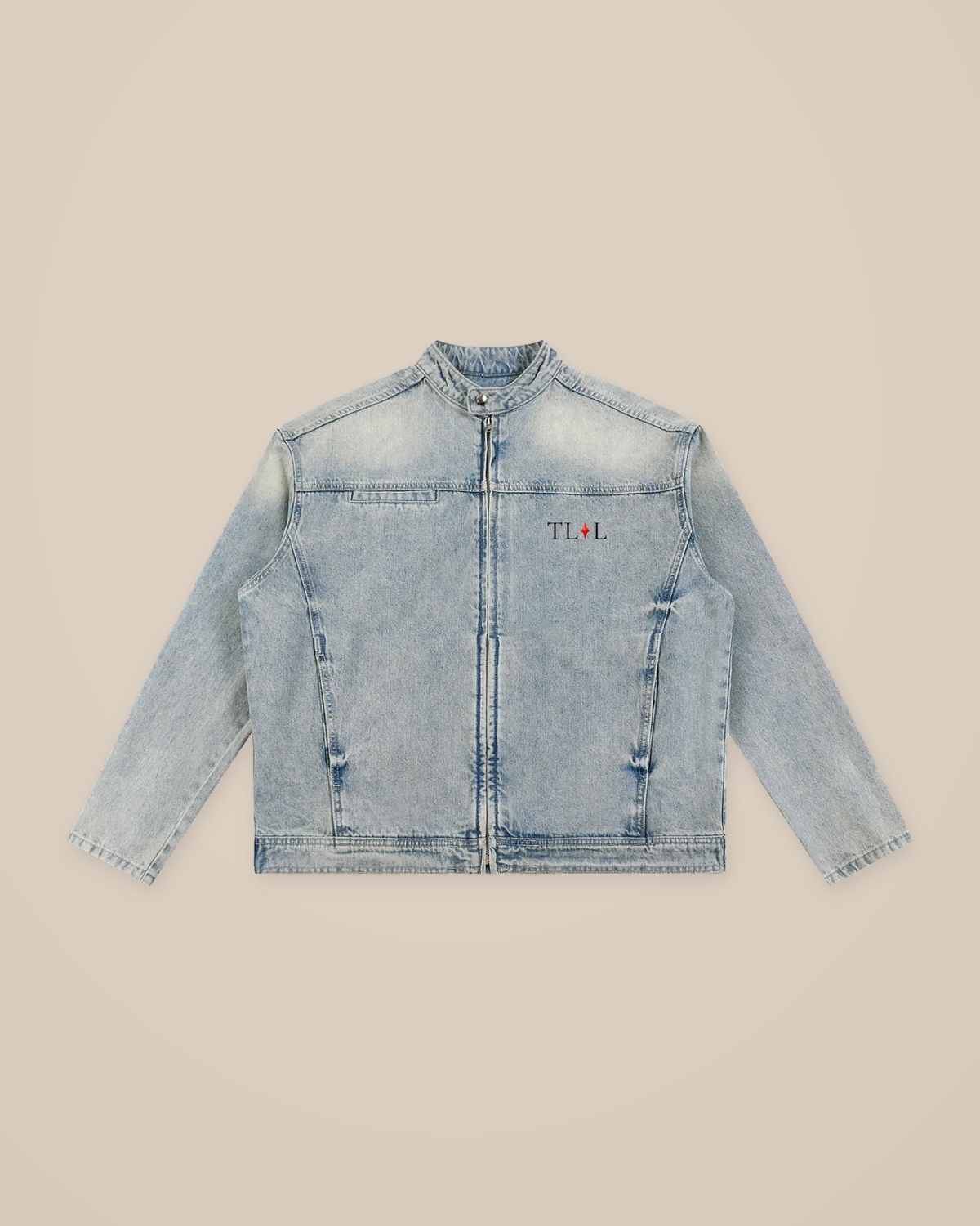 TLOL washed blue zip denim jacket, product-only front view