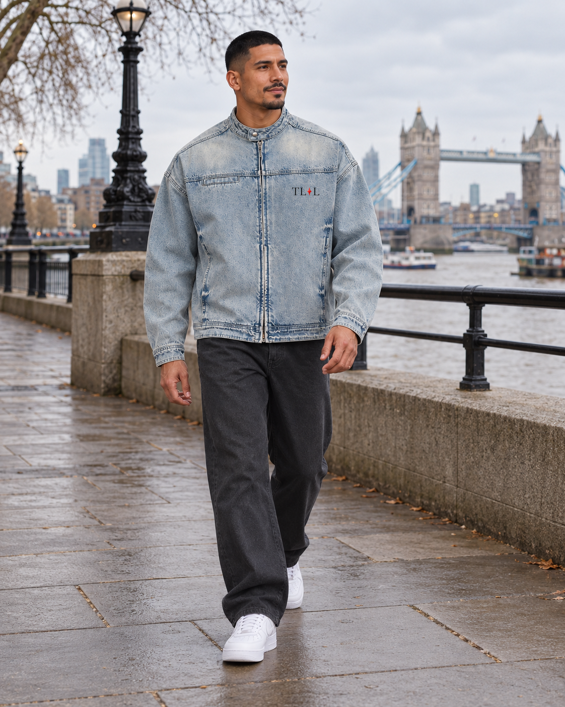 TLOL washed blue zip denim jacket, London view