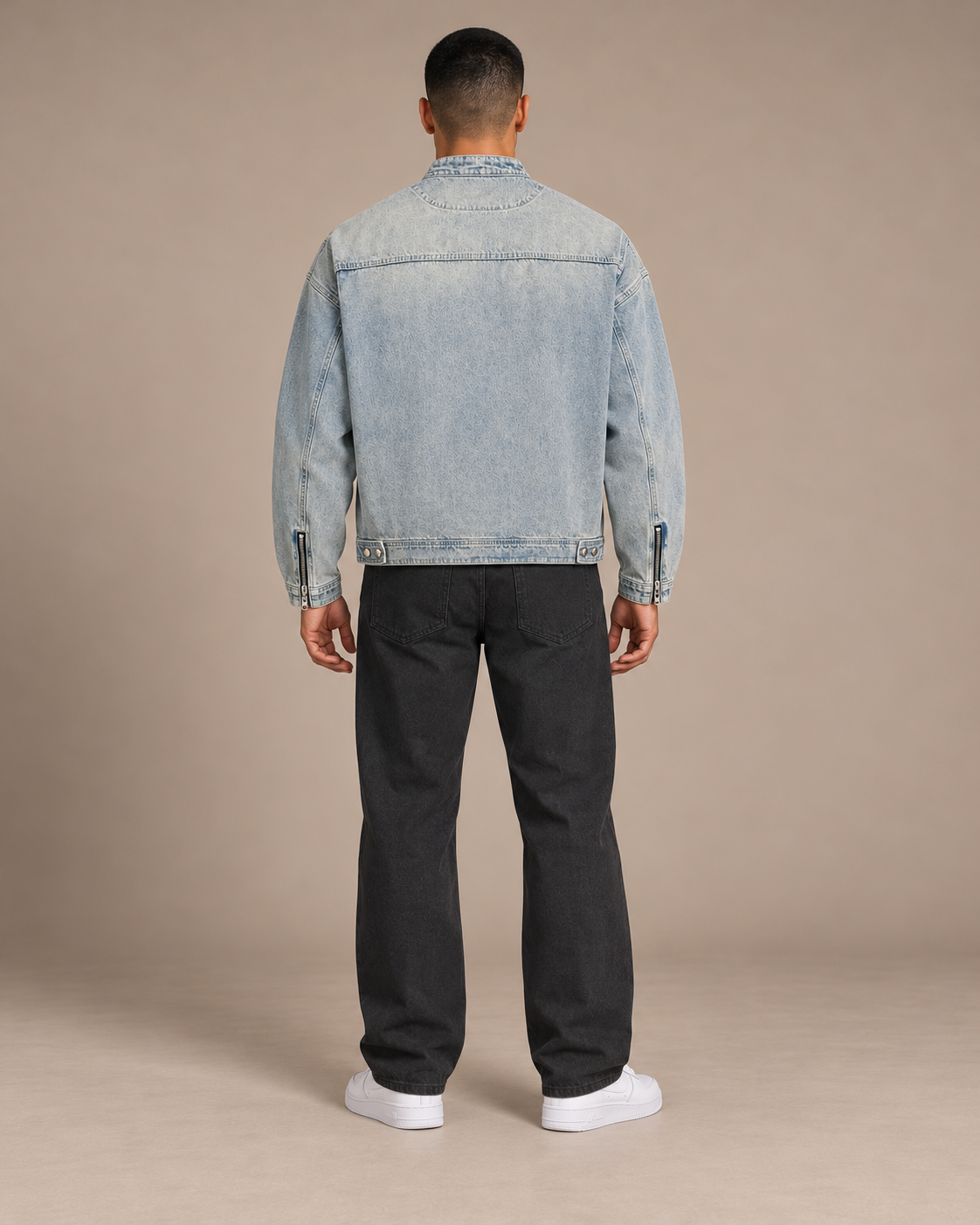 TLOL washed blue zip denim jacket, back view