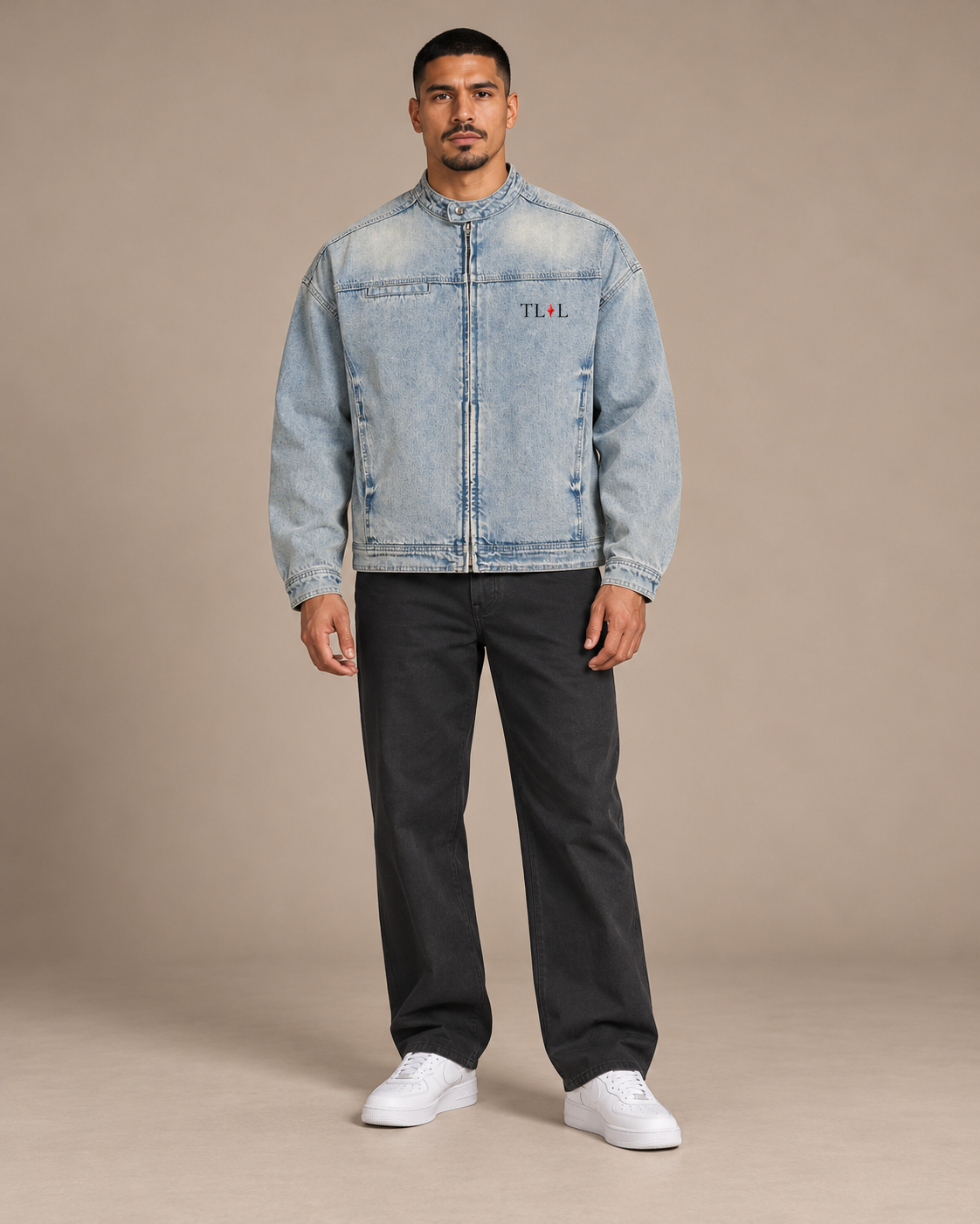 TLOL washed blue zip denim jacket, front view