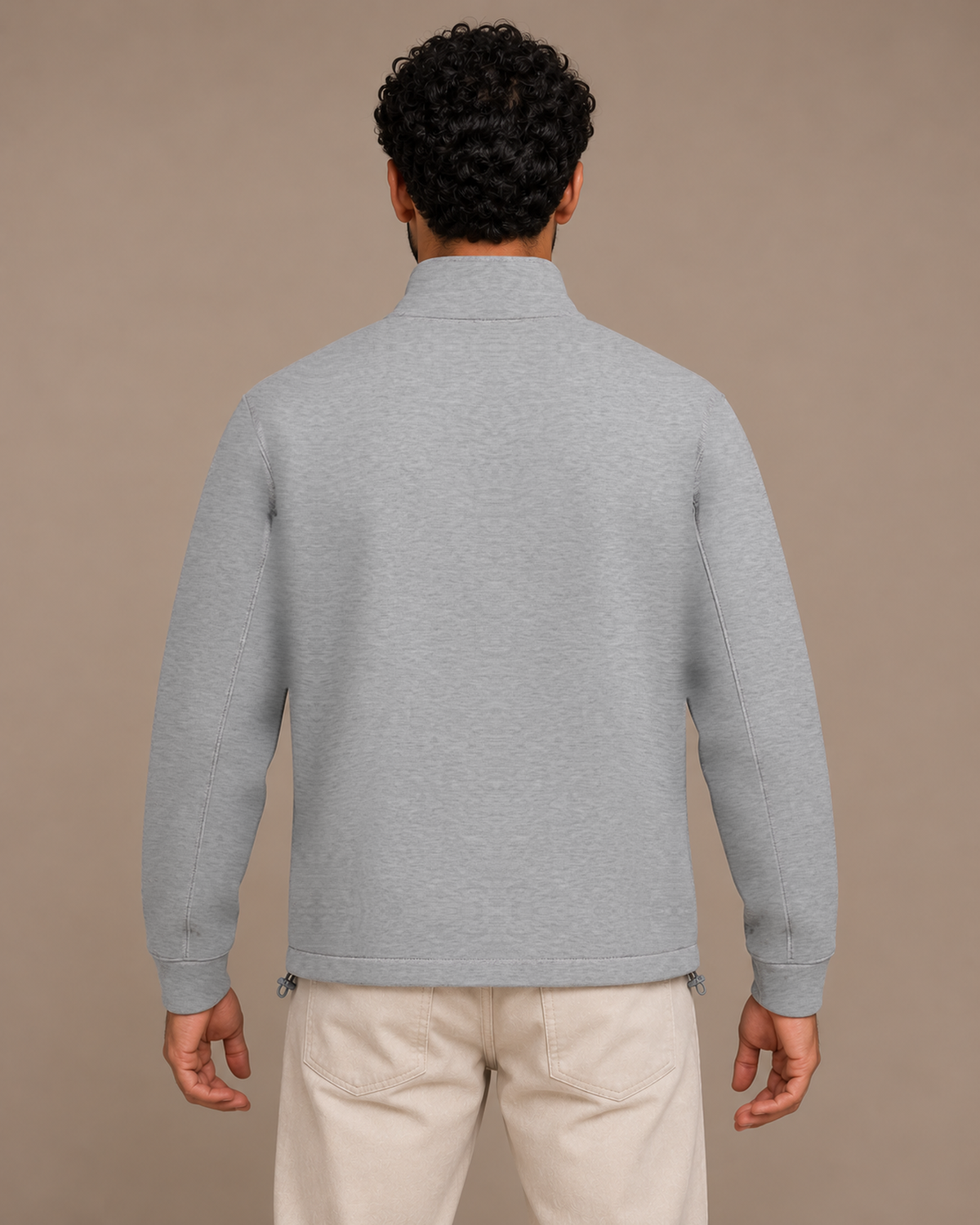 TLOL Stand-Collar Jacket in Flower Gray, back view on the approved model.