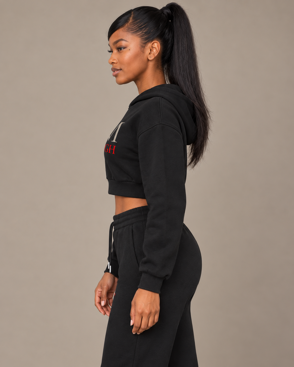 TLOL I AM ENOUGH Weighted Pillar cropped hoodie in Black, wearer-left side view
