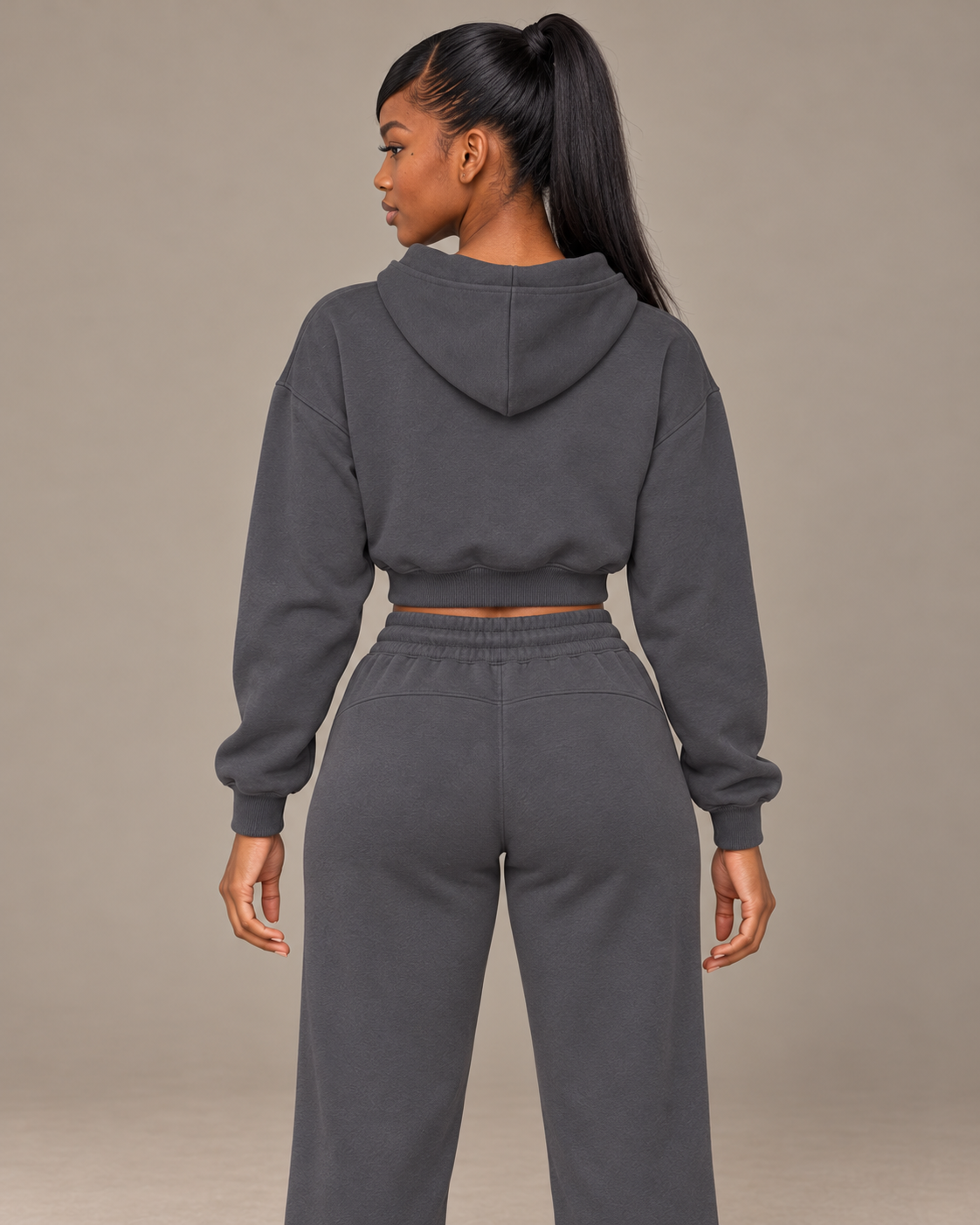 TLOL I AM ENOUGH Weighted Pillar cropped hoodie in Charcoal Gray, back view