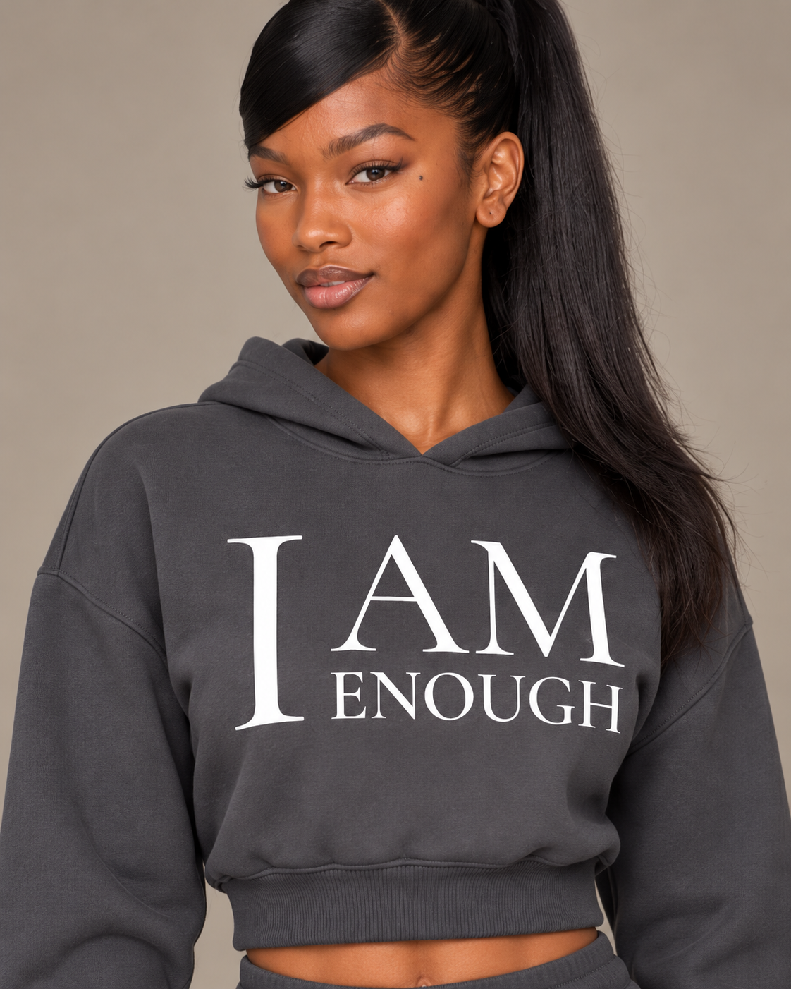 TLOL I AM ENOUGH Weighted Pillar cropped hoodie in Charcoal Gray, detail view