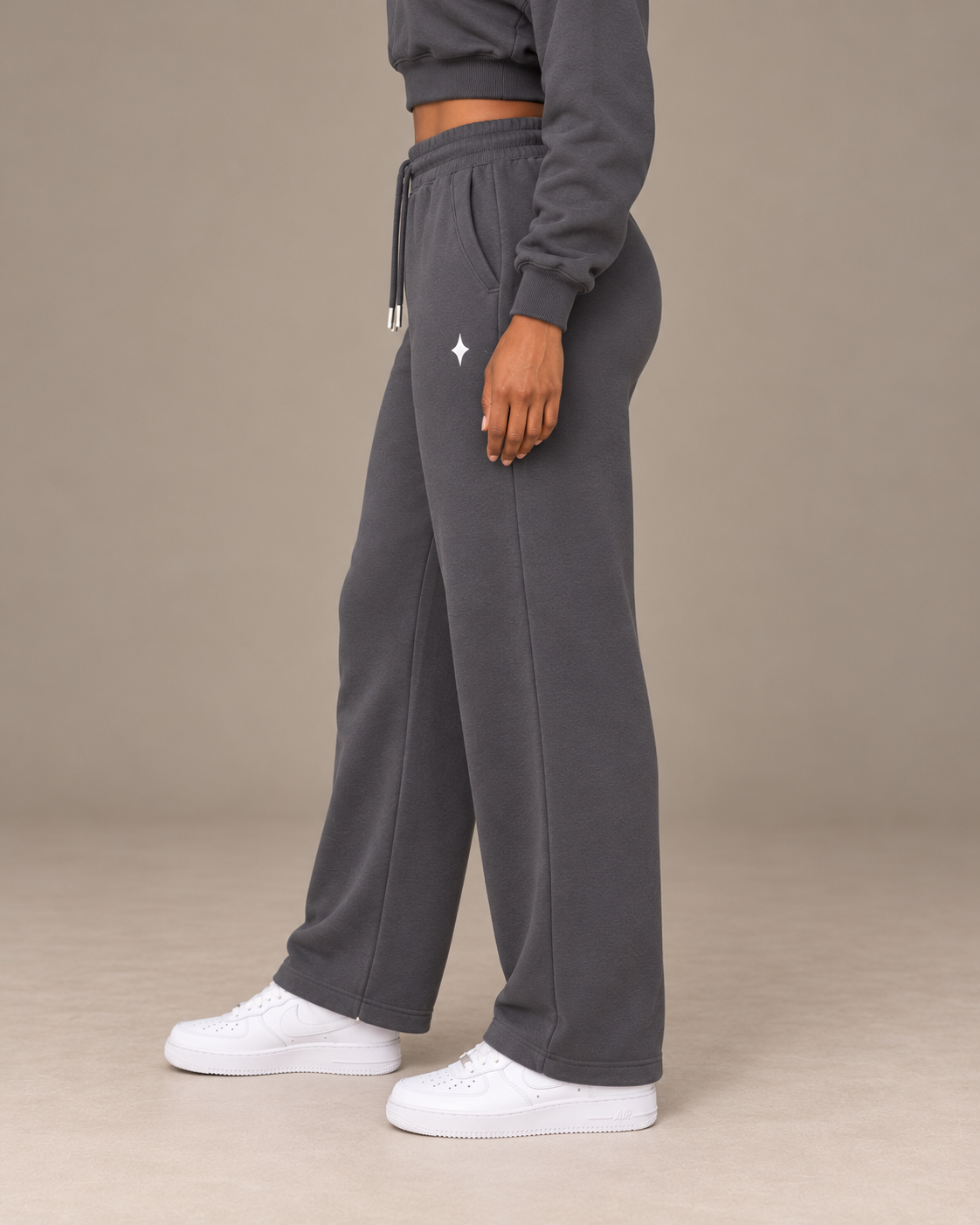 TLOL I AM ENOUGH Weighted Pillar straight-leg sweatpants in Charcoal Gray, wearer-left side view