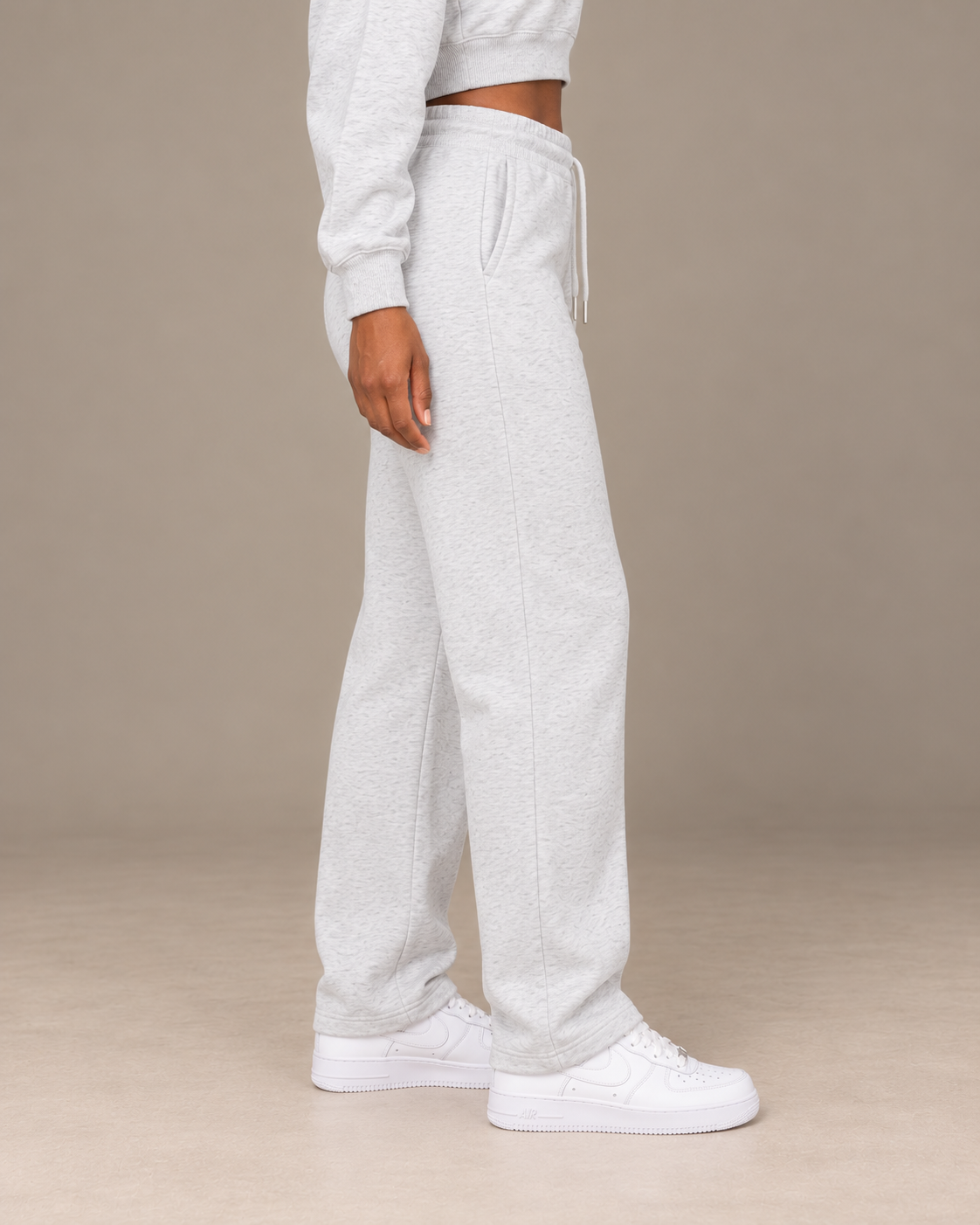 TLOL I AM ENOUGH Weighted Pillar straight-leg sweatpants in Flower Gray, wearer-right side view